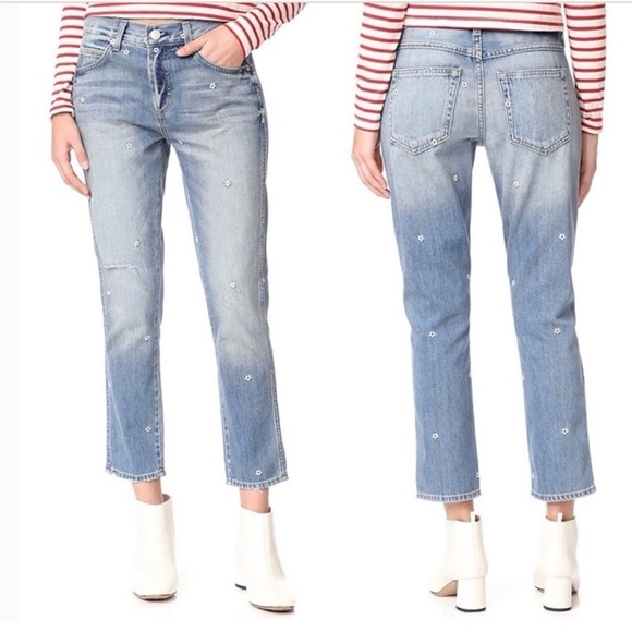 NWT AMO Tomboy Crop Loose Fit Relaxed Rise Vintage Embroidered Floral Jeans 26 - Picture 1 of 16